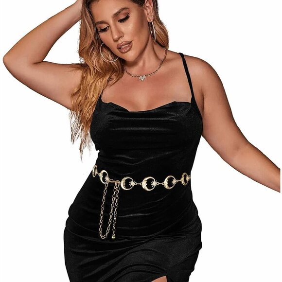 Women Chain Belt Alloy Hollow Circle Gold Dress Waist Accessory for Casual main image 4